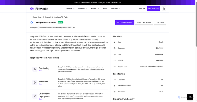 Security scan screenshot of https://fireworks.ai/models/fireworks/deepseek-v4-flash
