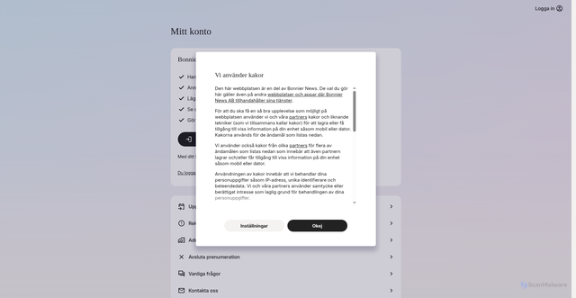 Security scan screenshot of https://konto.bonniernews.se/