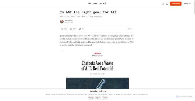 Security scan screenshot of https://garymarcus.substack.com/p/is-agi-the-right-goal-for-ai