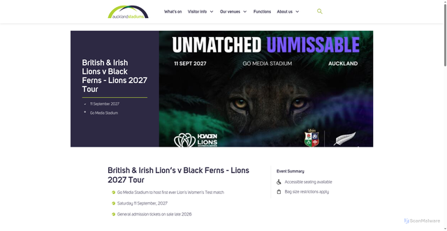 Security scan screenshot of https://www.aucklandstadiums.co.nz/event/british-and-irish-lions-v-black-ferns-lions-2027-tour