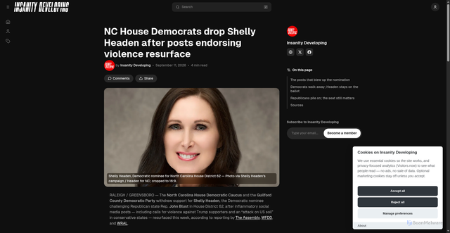 Security scan screenshot of https://insanitydeveloping.com/politics/nc-democrats-drop-shelly-headen-house-62-inflammatory-posts-sept-11-2026/