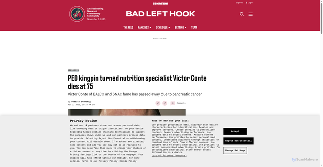 Security scan screenshot of https://www.badlefthook.com/boxing-news/111258/ped-kingpin-turned-nutrition-specialist-victor-conte-dies-at-75