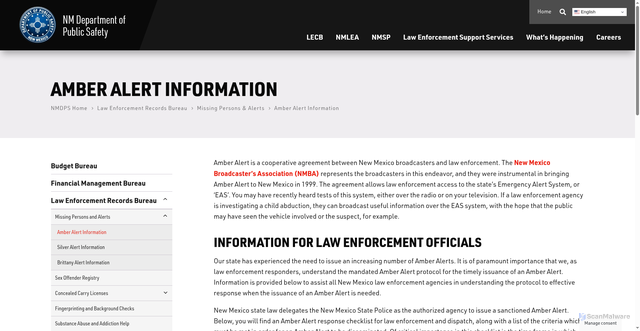 Security scan screenshot of https://www.dps.nm.gov/law-enforcement-records-bureau/missing-persons-alerts/amber-alert-information/