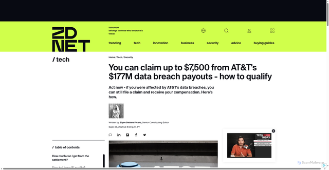 Security scan screenshot of https://www.zdnet.com/article/you-can-claim-up-to-7500-from-at-ts-177m-data-breach-payouts-how-to-qualify/