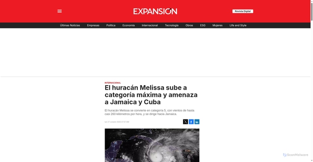 Security scan screenshot of https://expansion.mx/mundo/2025/10/27/huracan-melissa-categoria-maxima-trayectoria