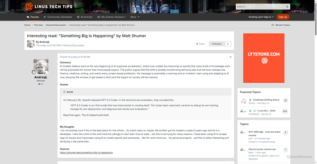 Security scan screenshot of https://linustechtips.com/topic/1632036-interesting-read-something-big-is-happening-by-matt-shumer/