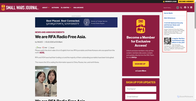 Security scan screenshot of https://smallwarsjournal.com/2025/03/22/we-are-rfa-radio-free-asia/