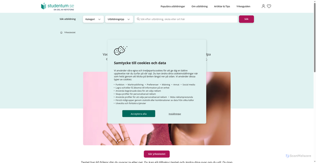 Security scan screenshot of https://www.studentum.se/yrkestestet/?utm_source=user.com&utm_medium=email&utm_campaign=nyhetsbrev-maj-2026&__ca__chat=11zjixs0difj
