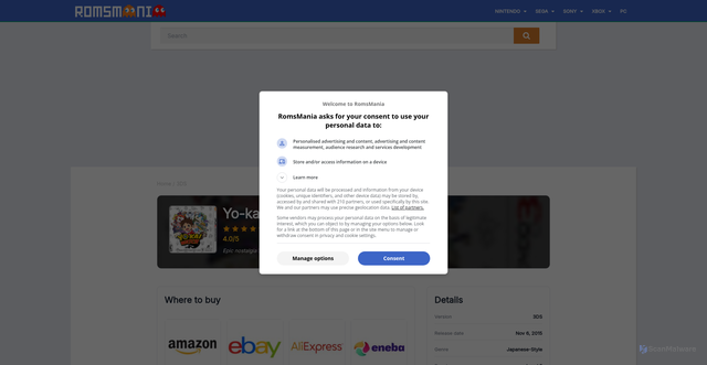 Security scan screenshot of https://romsmania.games/3ds/yo-kai-watch-3ds/