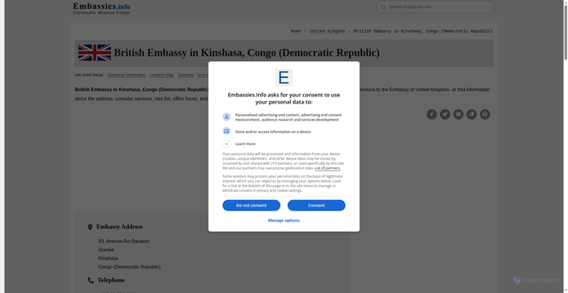 Security scan screenshot of https://embassies.info/BritishEmbassyinKinshasaCongo