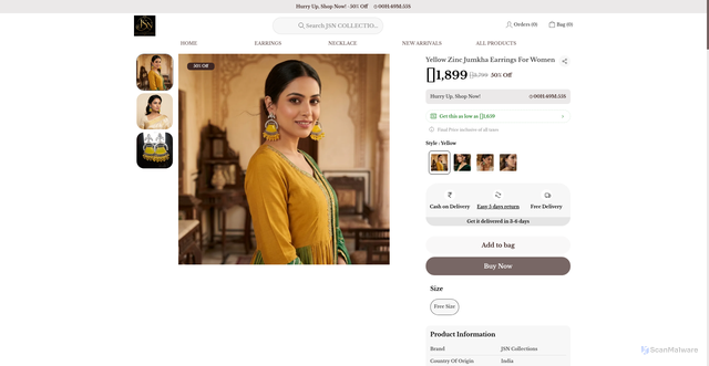 Security scan screenshot of https://jsncollections.com/Yellow-Zinc-Jumkha-Earrings-For-Women/catalogue/uhI3jhmV/taRY5tsn