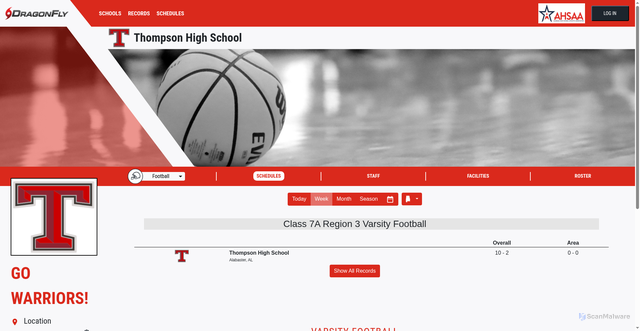 Security scan screenshot of https://go.dragonflyathletics.com/sites/AHSAA/6UZTNH/about?sport=FB