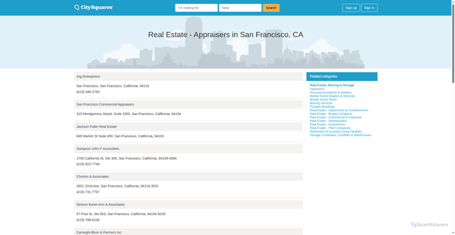 Security scan screenshot of https://citysquares.com/cat/ca/san-francisco/real-estate-appraisers