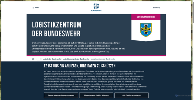 Security scan screenshot of https://www.bundeswehr.de/de/organisation/unterstuetzungsbereich/logistik/logistikkommando-der-bundeswehr-in-erfurt/logistikzentrum-der-bundeswehr-in-wilhelmshaven