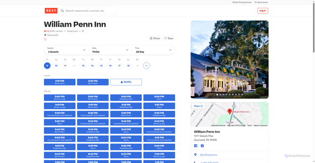 Security scan screenshot of https://resy.com/cities/gwynedd-pa/venues/william-penn-inn
