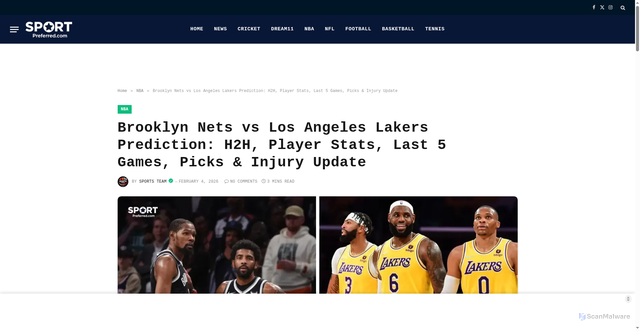 Security scan screenshot of https://www.sportpreferred.com/nba/nets-vs-lakers-prediction-h2h-player-stats-last-5-games-picks-injury-update-3-feb-2026/6536