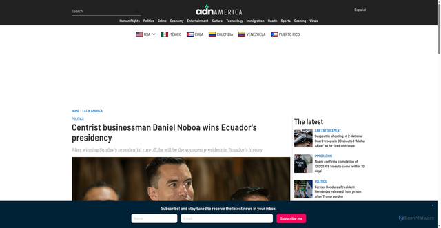 Security scan screenshot of https://adnamerica.com/en/latin-america/centrist-businessman-daniel-noboa-wins-ecuadors-presidency