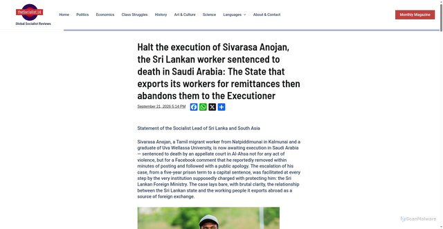 Security scan screenshot of https://www.thesocialist.lk/halt-the-execution-of-sivarasa-anojan-the-sri-lankan-worker-sentenced-to-death-in-saudi-arabia-the-state-that-exports-its-workers-for-remittances-then-abandons-them-to-the-executioner/