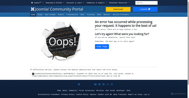 Security scan screenshot of https://community.joomla.org/index.php?option=com_acym&ctrl=fronturl&task=click&urlid=142&userid#6850&mailid=408&userkey=SPJchPOf7Afhoo