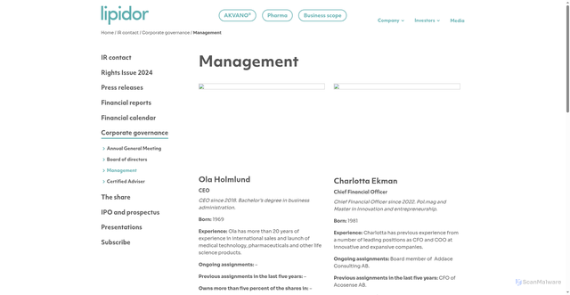Security scan screenshot of https://lipidor.net/investors/corporate-governance/management/