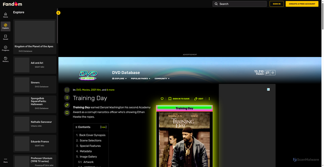 Security scan screenshot of https://dvd.fandom.com/wiki/Training_Day
