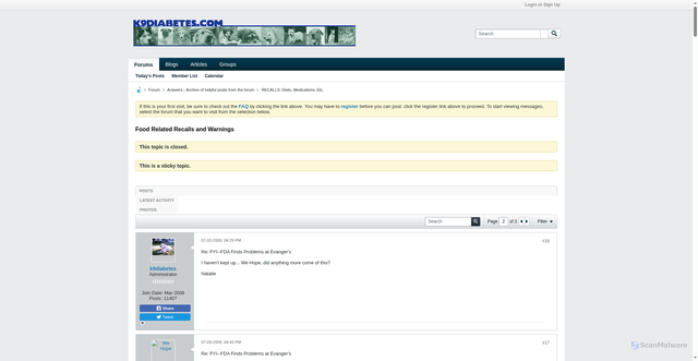 Security scan screenshot of https://k9diabetes.com/forum/forum/answers-archive-of-helpful-posts-from-the-forum/recalls-diets-medications-etc/63-food-related-recalls-and-warnings/page2