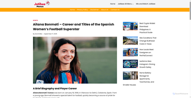 Security scan screenshot of https://jollibeemenus.com/aitana-bonmati-career-and-titles-of-the-spanish/