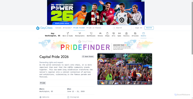 Security scan screenshot of https://washingtondc.gaycities.com/events/1031759-capital-pride