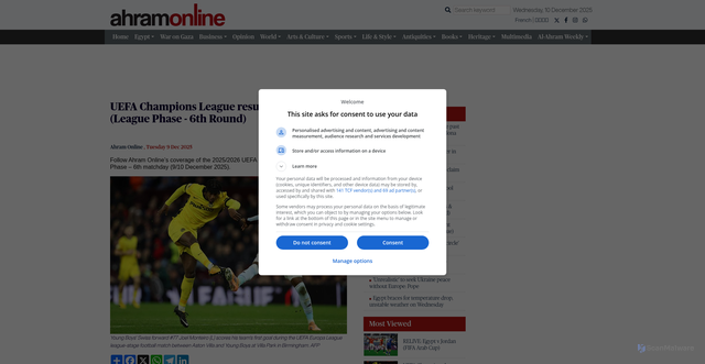 Security scan screenshot of https://english.ahram.org.eg/NewsContent/6/55/558057/Sports/World/UEFA-Champions-League-results-amp;-fixtures-League.aspx