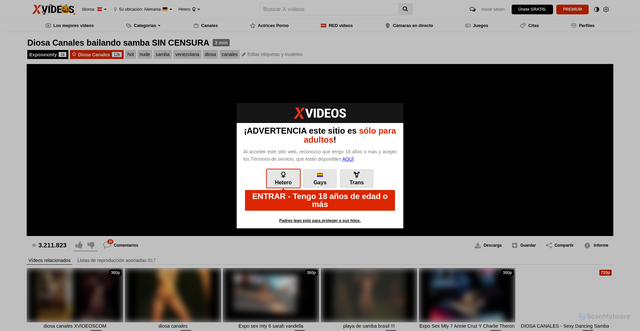 Security scan screenshot of https://www.xvideos.es/video.ullhoob106/diosa_canales_bailando_samba_sin_censura
