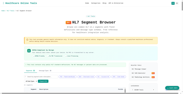Security scan screenshot of https://healthcareonlinetools.com/en/hl7-tools/hl7-segment-browser/