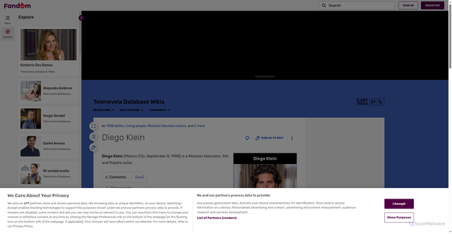 Security scan screenshot of https://telenovela-database.fandom.com/wiki/Diego_Klein