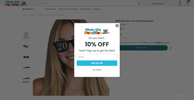 Security scan screenshot of https://www.windycitynovelties.com/products/2026-party-sunglasses