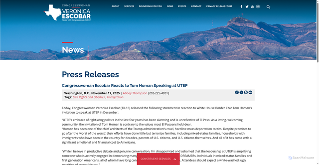 Security scan screenshot of https://escobar.house.gov/news/documentsingle.aspx?DocumentID=2990