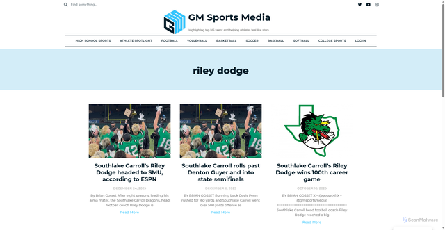 Security scan screenshot of https://gmsportsmedia.com/tag/riley-dodge/