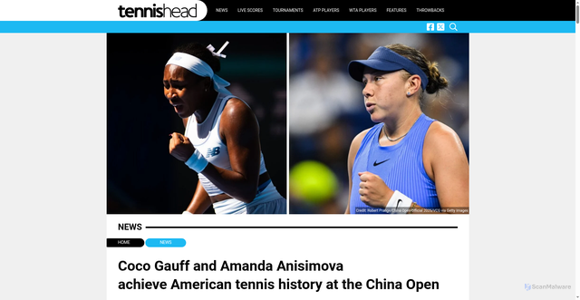 Security scan screenshot of https://tennishead.net/coco-gauff-and-amanda-anisimova-achieve-american-tennis-history-at-the-china-open/