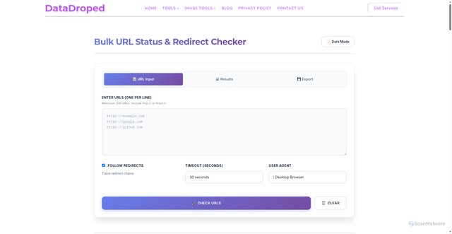 Security scan screenshot of https://datadroped.com/bulk-url-checker/