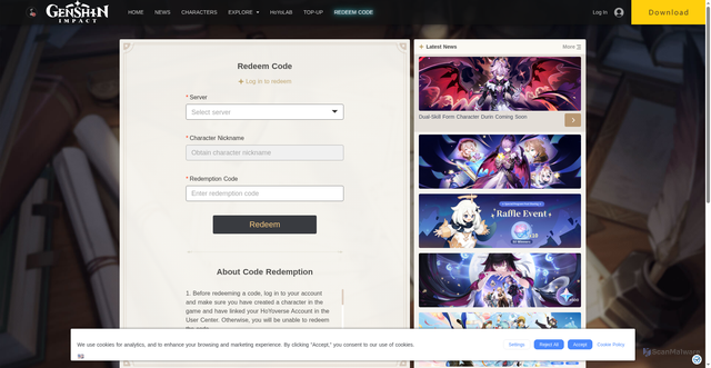 Security scan screenshot of https://genshin.hoyoverse.com/en/gift