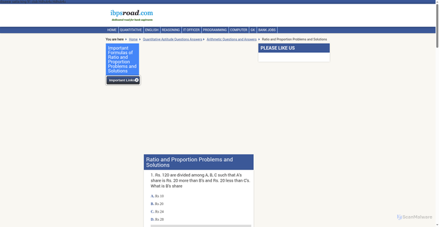 Security scan screenshot of http://ibpsroad.com/ratio-and-proportion-problems-bank-exams-ibps/question/53/index.html
