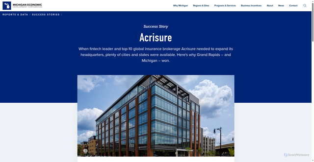 Security scan screenshot of https://www.michiganbusiness.org/reports-data/success-stories/acrisure/
