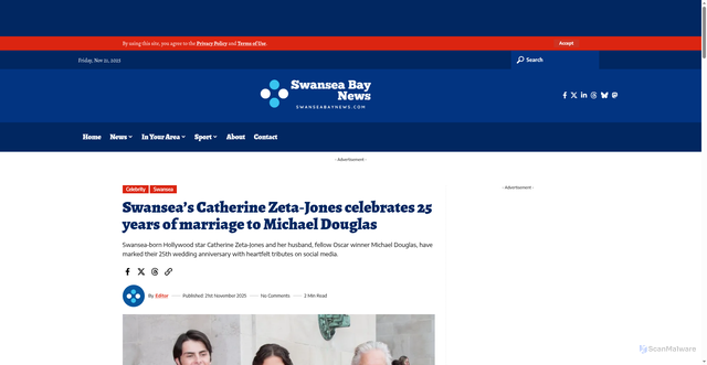 Security scan screenshot of https://swanseabaynews.com/swanseas-catherine-zeta%E2%80%91jones-celebrates-25-years-of-marriage-to-michael-douglas/