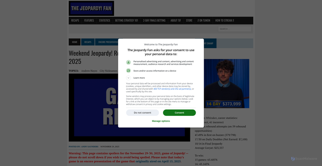 Security scan screenshot of https://thejeopardyfan.com/2025/11/weekend-jeopardy-11-29-30-2025.html