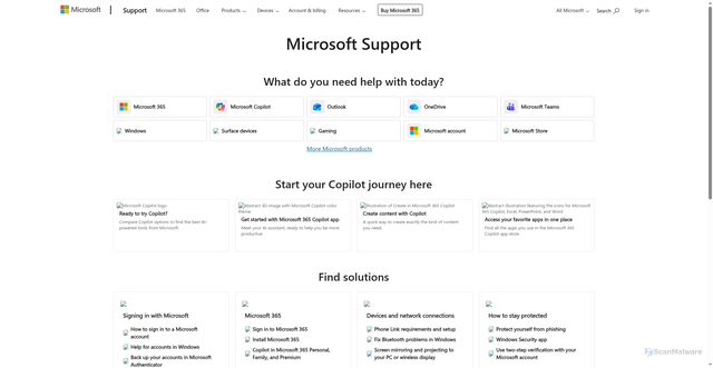 Security scan screenshot of https://support.microsoft.com/en-us/
