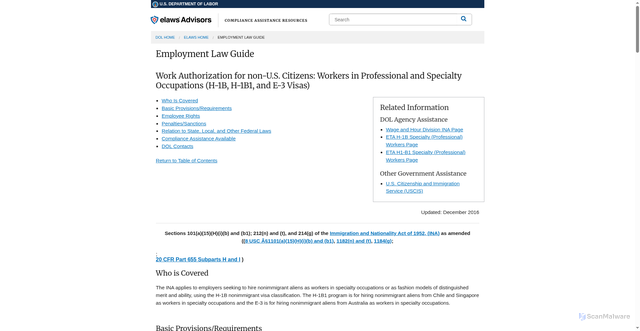 Security scan screenshot of https://webapps.dol.gov/elaws/elg/h1b.htm