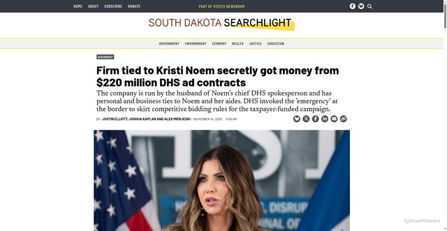 Security scan screenshot of https://southdakotasearchlight.com/2025/11/14/firm-tied-to-kristi-noem-secretly-got-money-from-220-million-dhs-ad-contracts/