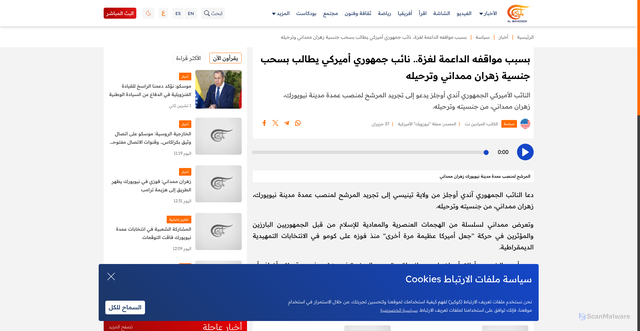 Security scan screenshot of https://www.almayadeen.net/news/politics/%D9%86%D8%A7%D8%A6%D8%A8-%D8%AC%D9%85%D9%87%D9%88%D8%B1%D9%8A-%D9%8A%D8%B7%D8%A7%D9%84%D8%A8-%D8%A8%D8%B3%D8%AD%D8%A8-%D8%AC%D9%86%D8%B3%D9%8A%D8%A9-%D8%B2%D9%87%D8%B1%D8%A7%D9%86-%D9%85%D9%85%D8%AF%D8%A7%D9%86%D9%8A-%D9%88%D8%AA%D8%B1%D8%AD%D9%8A%D9%84%D9%87-%D9%85%D9%86-%D8%A7%D9%84%D9%88%D9%84%D8%A7%D9%8A%D8%A7