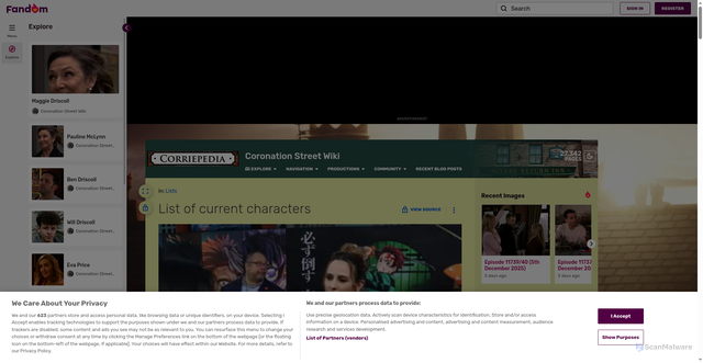 Security scan screenshot of https://coronationstreet.fandom.com/wiki/List_of_current_characters
