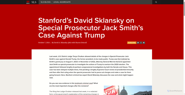 Security scan screenshot of https://law.stanford.edu/2024/10/07/stanfords-david-sklansky-on-special-prosecutor-jack-smiths-case-against-trump/