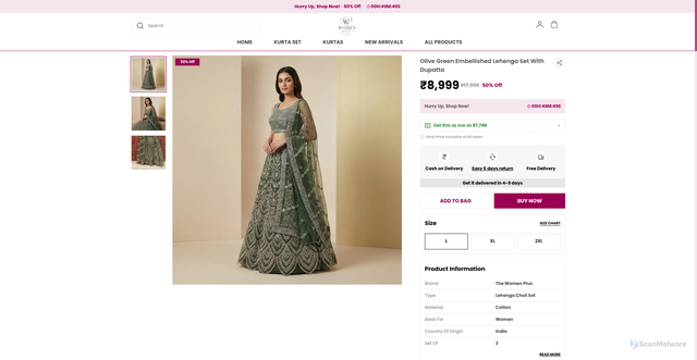 Security scan screenshot of https://thewomenplus.com/Olive-Green-Embellished-Lehenga-Set-With-Dupatta/catalogue/voV0ln7h/88YCxdpm