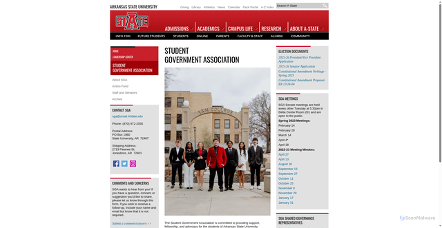 Security scan screenshot of https://www.astate.edu/a/leadership-center/sga/